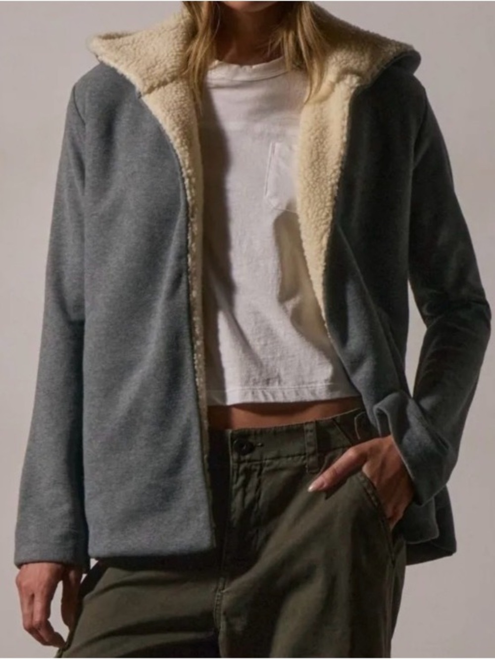 James Perse Gray Sherpa Lined Zip Up Jacket